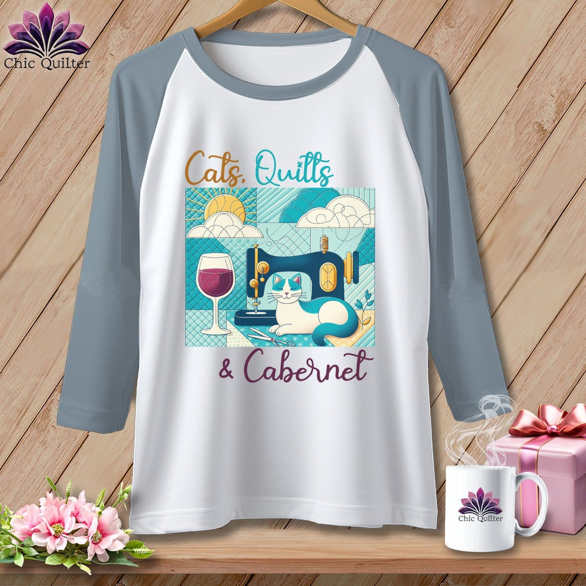 MyDesigns Physical Item White/Denim / XS Cats Quilts and Cabernet ~ Raglan 3/4 Sleeve Tee