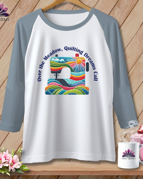 MyDesigns Physical Item White/Denim / XS Over the Meadow, Quilting Dreams Call Orange ~ Raglan 3/4 Sleeve Tee