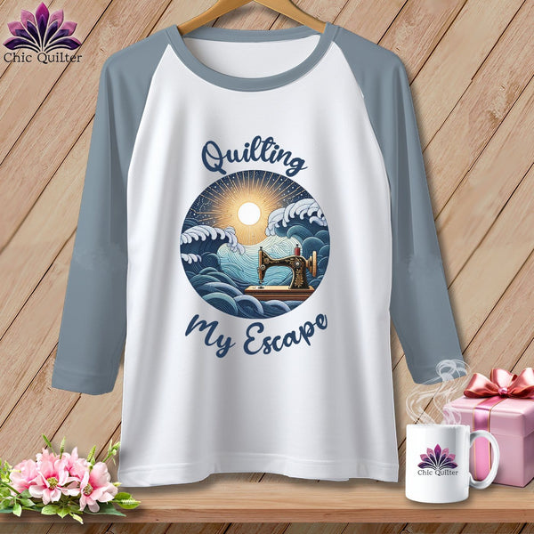 MyDesigns Physical Item White/Denim / XS Quilting My Escape - Dark ~ Raglan 3/4 Sleeve Tee