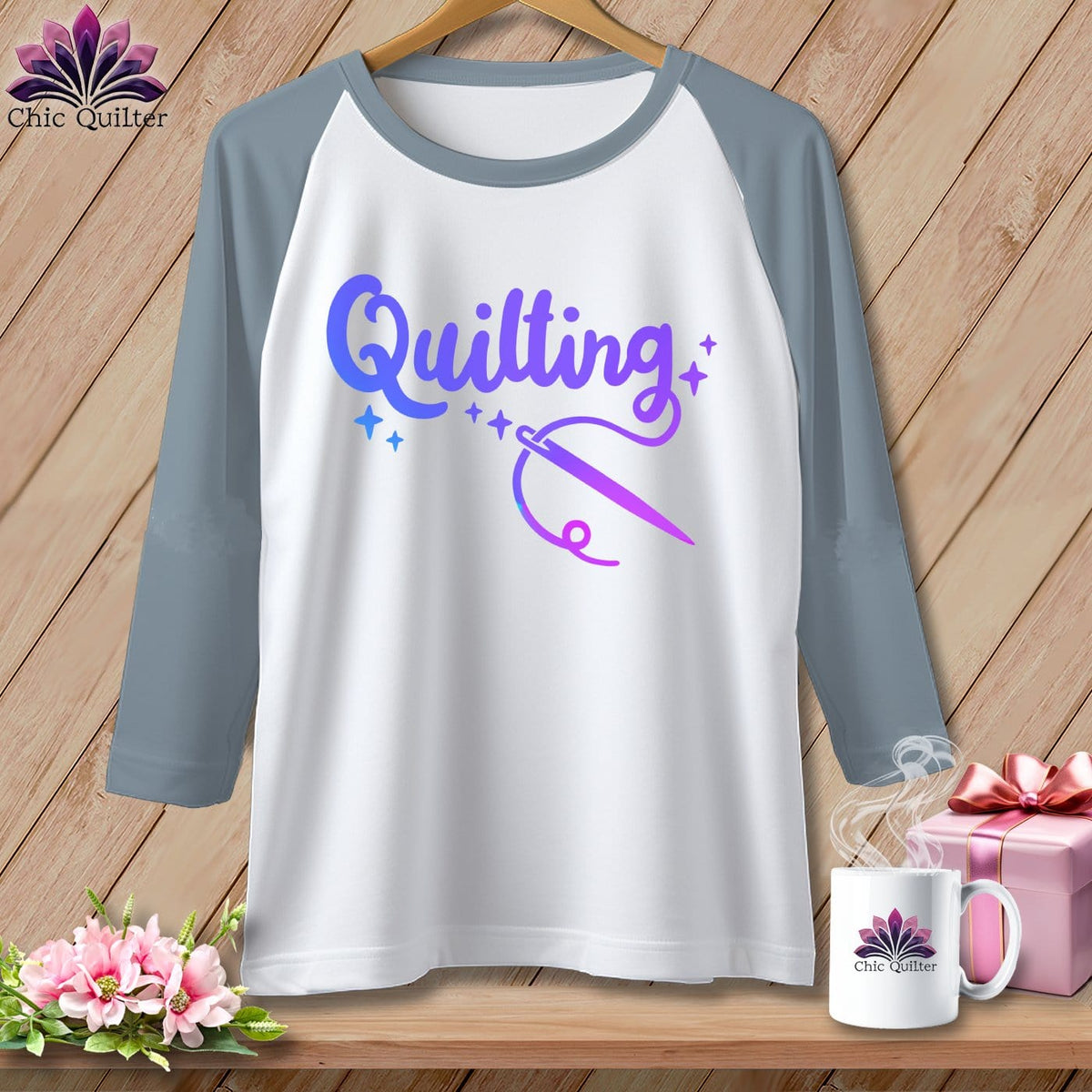 MyDesigns Physical Item White/Denim / XS Quilting ~ Raglan 3/4 Sleeve Tee