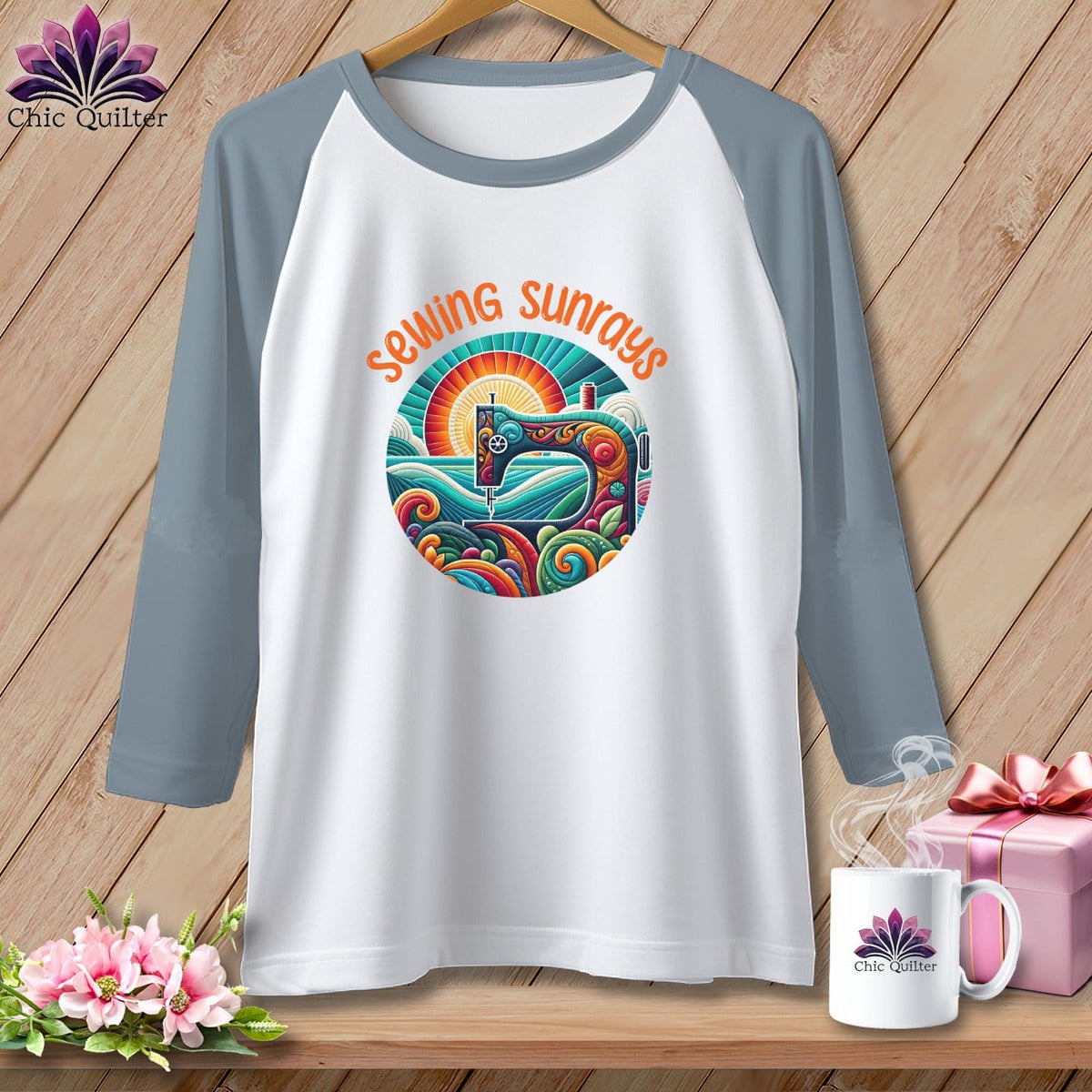 MyDesigns Physical Item White/Denim / XS Sewing Sunrays ~ Raglan 3/4 Sleeve Tee
