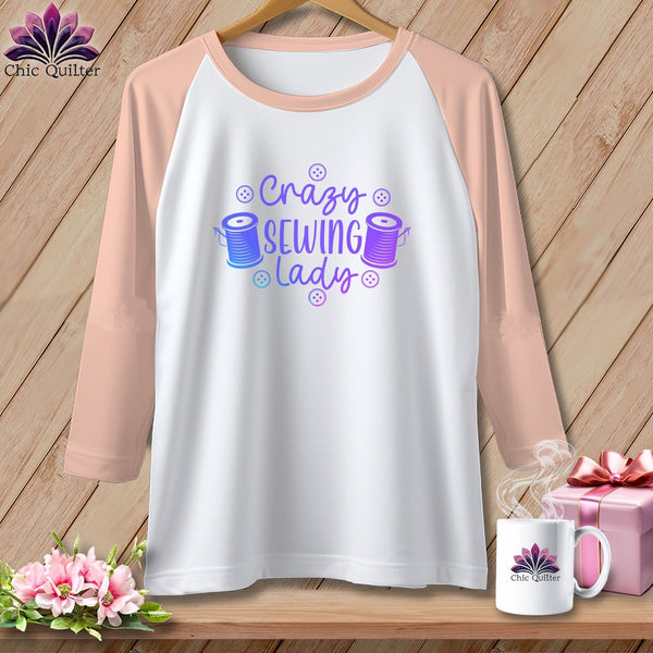 MyDesigns Physical Item White/Heather Peach / XS Crazy sewing lady ~ Raglan 3/4 Sleeve Tee