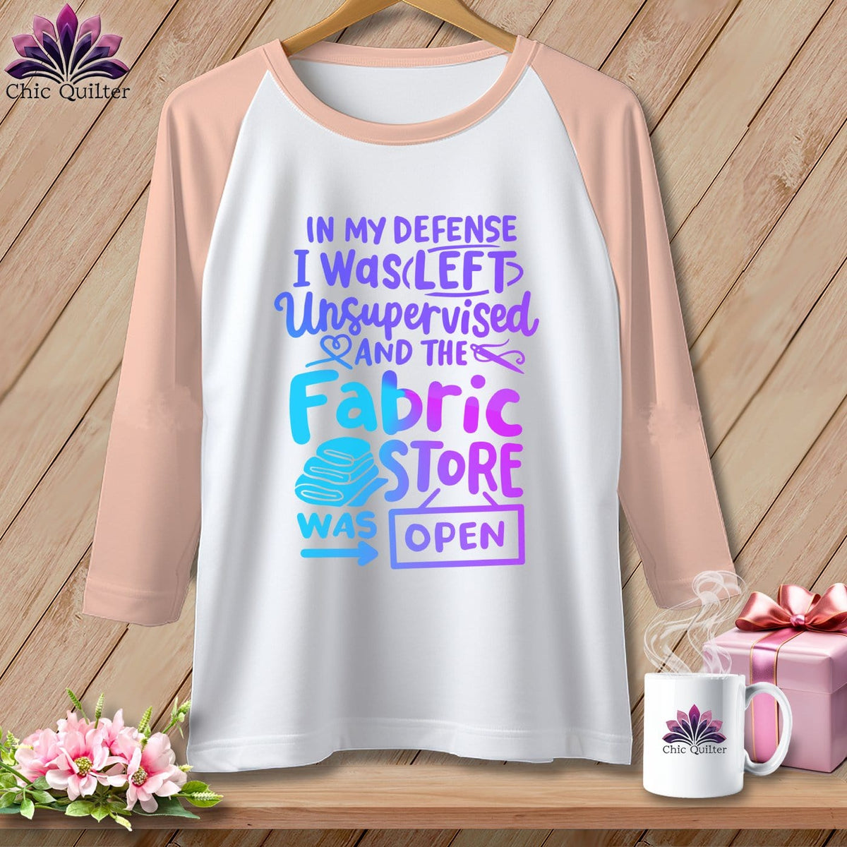 MyDesigns Physical Item White/Heather Peach / XS In My Defence I Was Left Unsupervised and the Fabric Store was Open ~ Raglan 3/4 Sleeve Tee