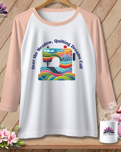 MyDesigns Physical Item White/Heather Peach / XS Over the Meadow, Quilting Dreams Call Orange ~ Raglan 3/4 Sleeve Tee