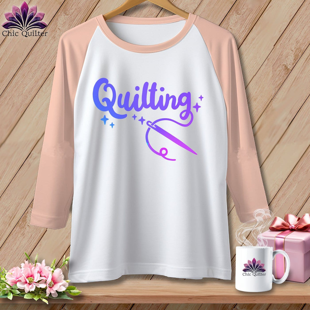 MyDesigns Physical Item White/Heather Peach / XS Quilting ~ Raglan 3/4 Sleeve Tee