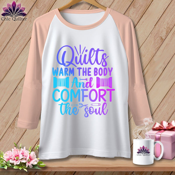 MyDesigns Physical Item White/Heather Peach / XS Quilts Warm the Body and Comfort the soul ~ Raglan 3/4 Sleeve Tee