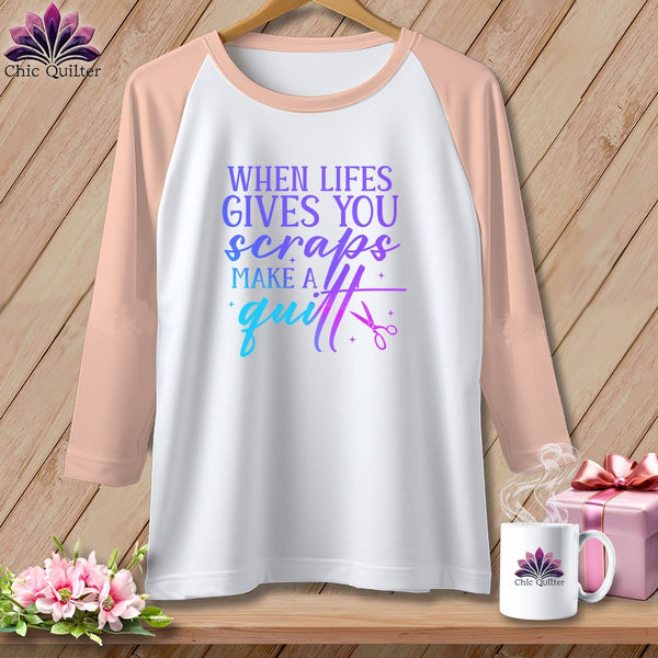 MyDesigns Physical Item White/Heather Peach / XS When Life Gives You Scraps Make a Quilt ~ Raglan 3/4 Sleeve Tee