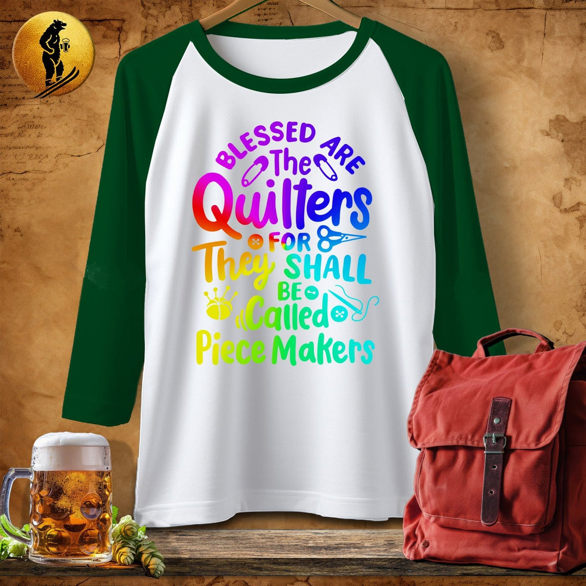 MyDesigns Physical Item White/Kelly / S Blessed Are the Quilters For They Shall Be Called Piece Makers ~ Raglan 3/4 Sleeve Tee