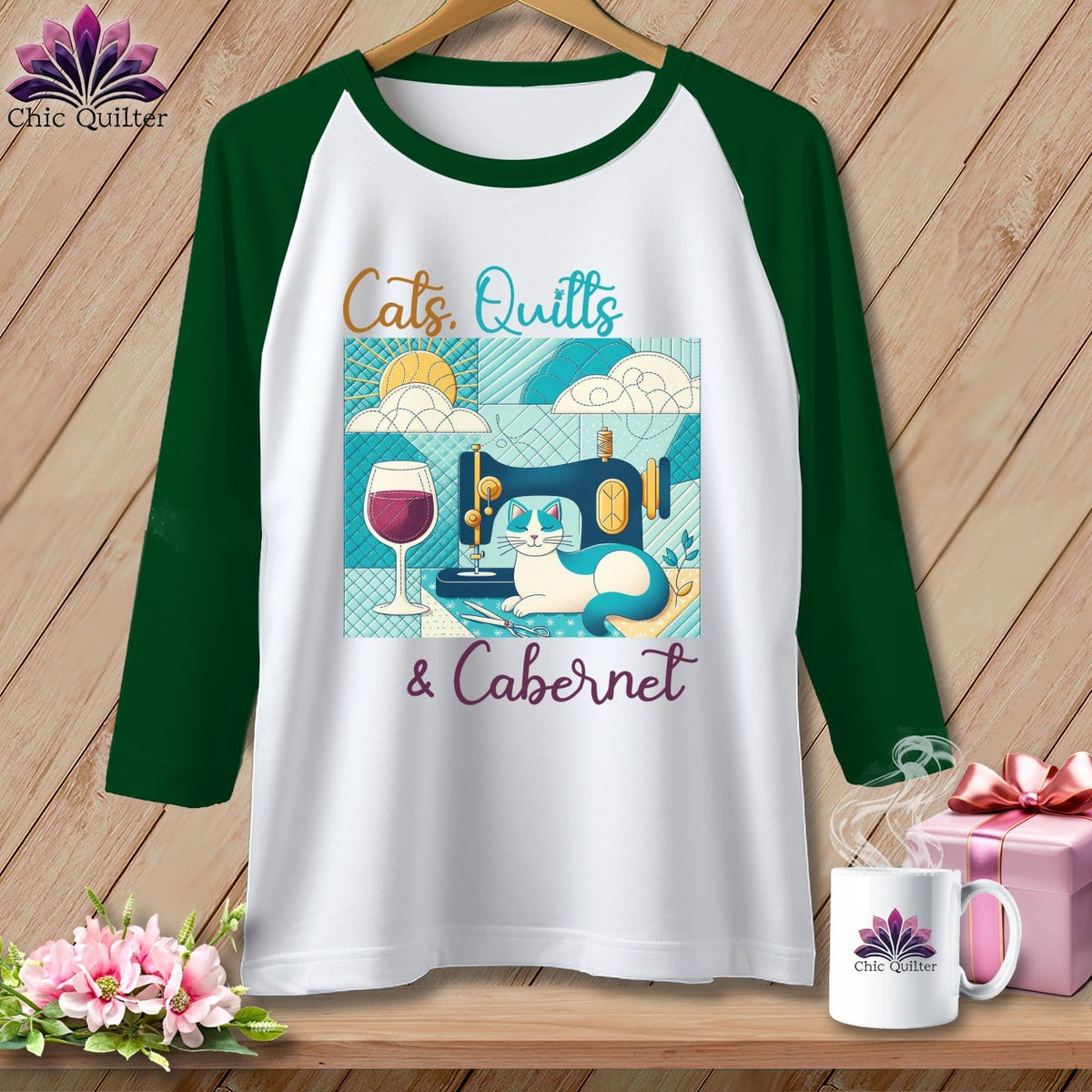 MyDesigns Physical Item White/Kelly / S Cats Quilts and Cabernet ~ Raglan 3/4 Sleeve Tee