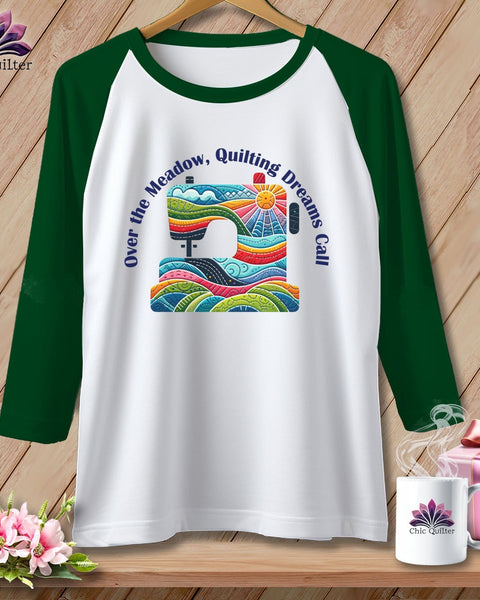 MyDesigns Physical Item White/Kelly / S Over the Meadow, Quilting Dreams Call Orange ~ Raglan 3/4 Sleeve Tee