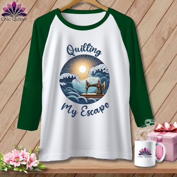 MyDesigns Physical Item White/Kelly / S Quilting My Escape - Dark ~ Raglan 3/4 Sleeve Tee