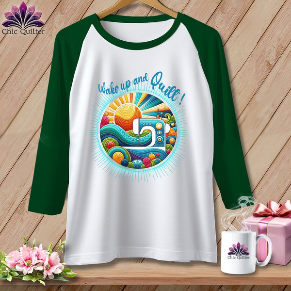 MyDesigns Physical Item White/Kelly / S Wake up and Quilt ~ Raglan 3/4 Sleeve Tee