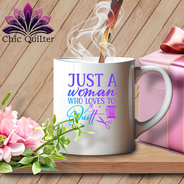 MyDesigns Physical Item White Mug | Blurple Print / White / 15oz Just a Woman Who Loves to Quilt ~ 15oz Large Coffee Mug