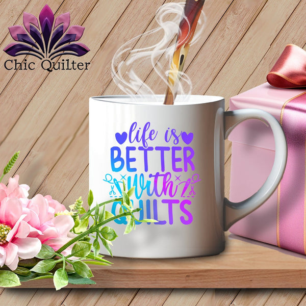 MyDesigns Physical Item White Mug | Blurple Print / White / 15oz LIfe is Better with Quilts ~ 15oz Large Coffee Mug