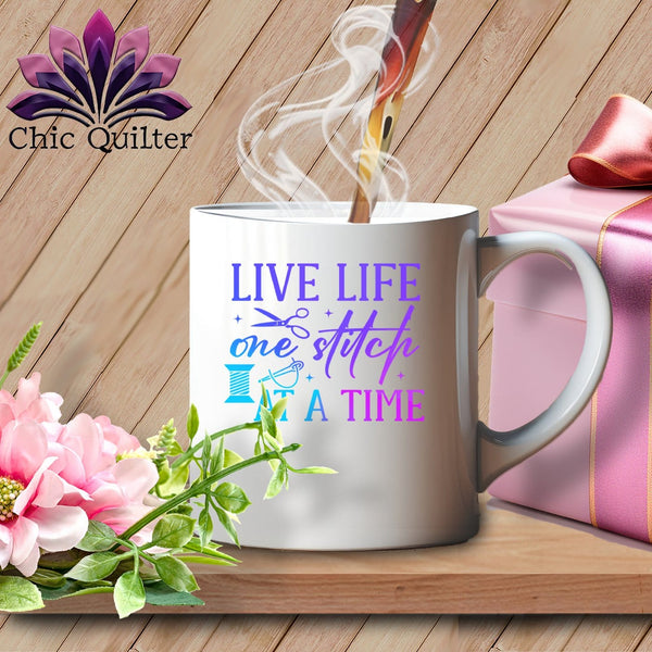 MyDesigns Physical Item White Mug | Blurple Print / White / 15oz Live Life One Stitch at a Time ~ 15oz Large Coffee Mug