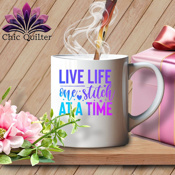 MyDesigns Physical Item White Mug | Blurple Print / White / 15oz Live Life One Stitch at a Time ~ 15oz Large Coffee Mug