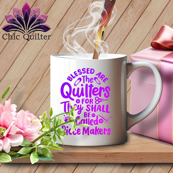 MyDesigns Physical Item White Mug | Purple Print / White / 15oz Blessed Are the Quilters For They Shall Be Called Piece Makers ~ 15oz Large Coffee Mug