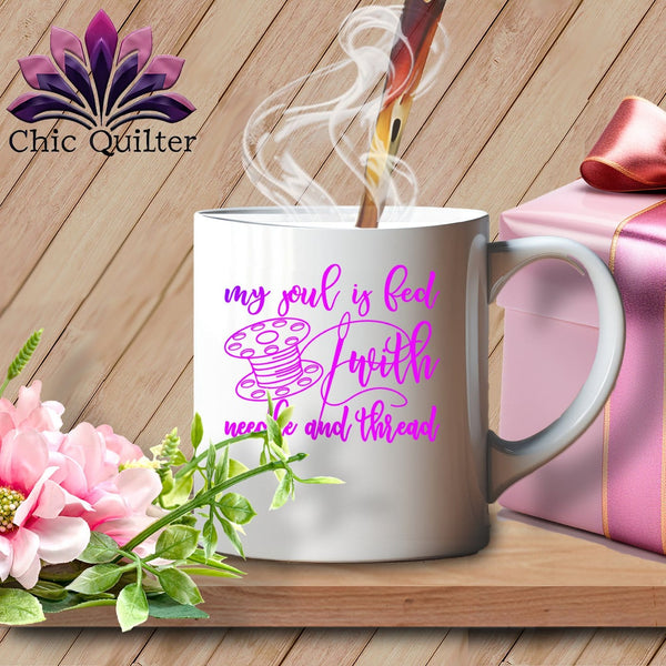 MyDesigns Physical Item White Mug | Purple Print / White / 15oz My soul is fed with a needle and thread ~ 15oz Large Coffee Mug