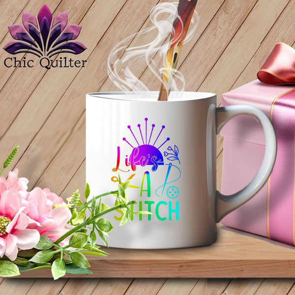 MyDesigns Physical Item White Mug | Rainbow Print / White / 15oz Life's a stitch ~ 15oz Large Coffee Mug