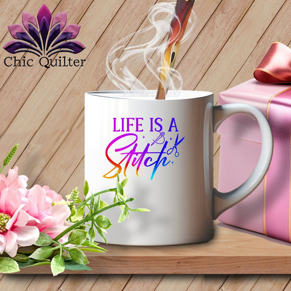 MyDesigns Physical Item White Mug | Rainbow Print / White / 15oz Lifes is a Stitch ~ 15oz Large Coffee Mug