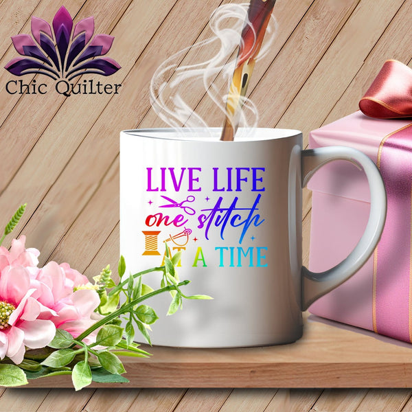 MyDesigns Physical Item White Mug | Rainbow Print / White / 15oz Live Life One Stitch at a Time ~ 15oz Large Coffee Mug