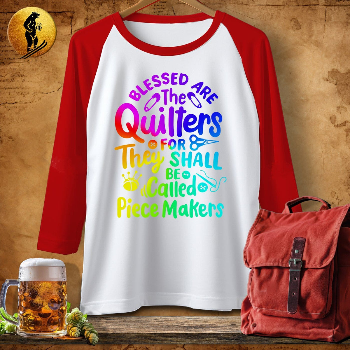 MyDesigns Physical Item White/Red / S Blessed Are the Quilters For They Shall Be Called Piece Makers ~ Raglan 3/4 Sleeve Tee