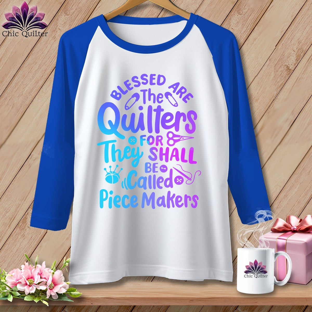 MyDesigns Physical Item White/Royal / S Blessed Are the Quilters For They Shall Be Called Piece Makers ~ Raglan 3/4 Sleeve Tee