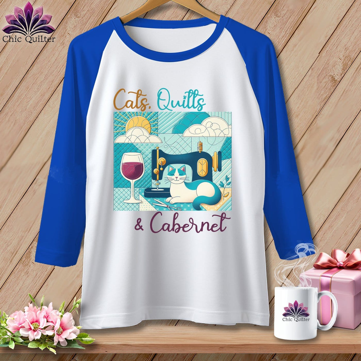 MyDesigns Physical Item White/Royal / S Cats Quilts and Cabernet ~ Raglan 3/4 Sleeve Tee