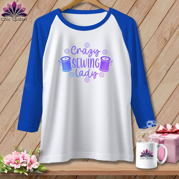 MyDesigns Physical Item White/Royal / S Crazy sewing lady ~ Raglan 3/4 Sleeve Tee