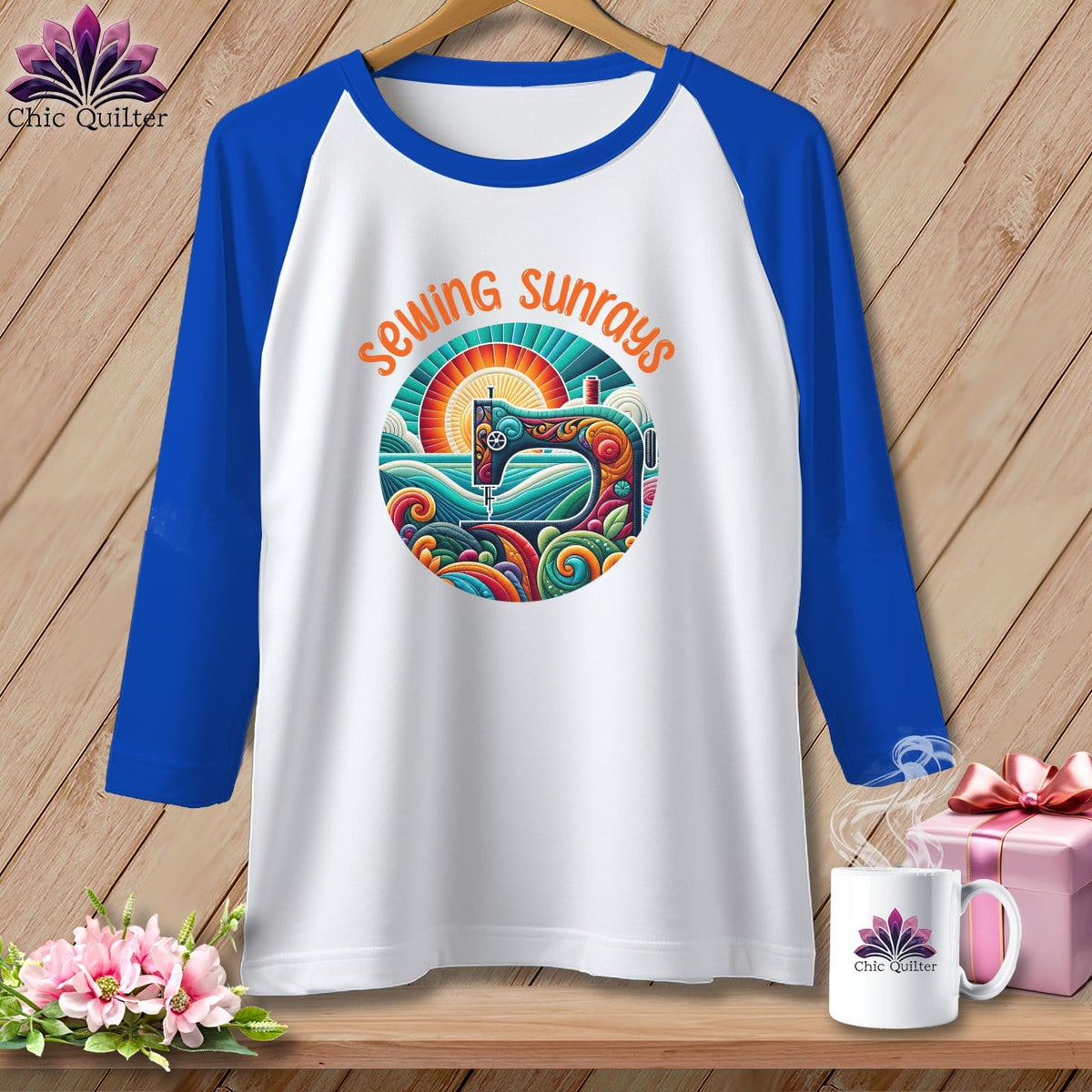 MyDesigns Physical Item White/Royal / S Sewing Sunrays ~ Raglan 3/4 Sleeve Tee
