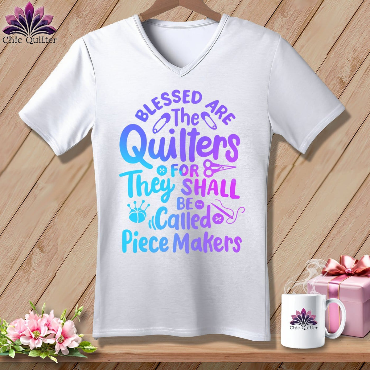 MyDesigns Physical Item White / S Blessed Are the Quilters For They Shall Be Called Piece Makers ~SuperSoft V-Neck Tee