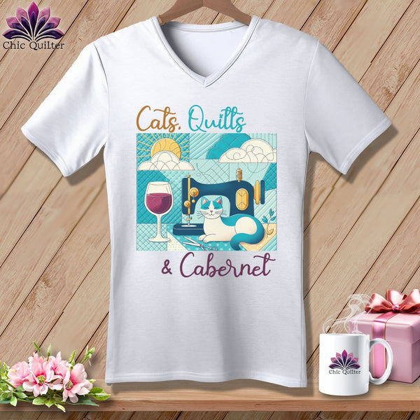 MyDesigns Physical Item White / S Cats Quilts and Cabernet ~ SuperSoft V-Neck Tee