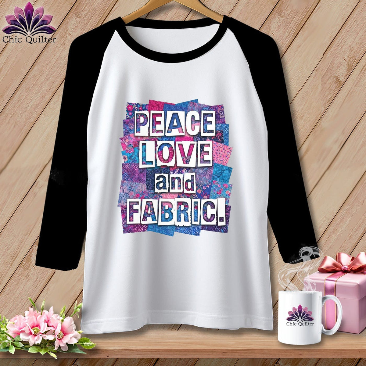 MyDesigns Physical Item XS / White/Black Peace Love and Fabric ~ Raglan Tee
