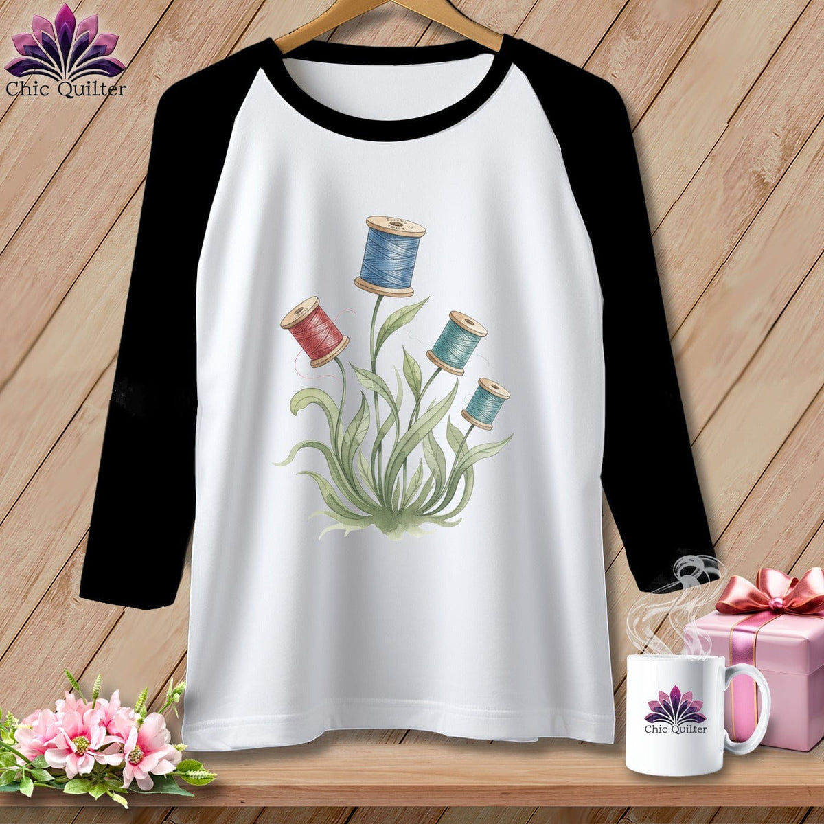 MyDesigns Physical Item XS / White/Black Spool Blooms ~ Raglan Tee