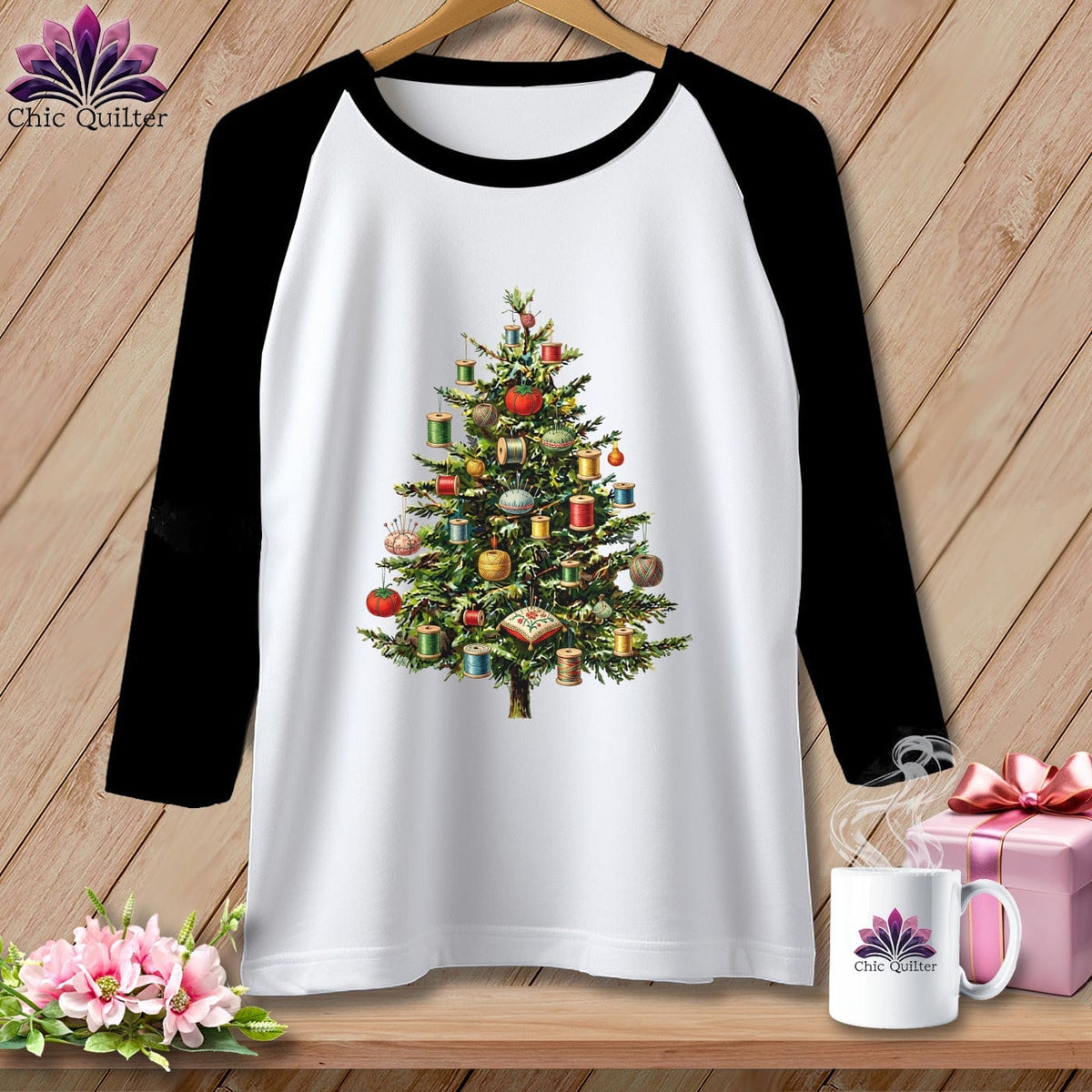 MyDesigns Physical Item XS / White/Black The Quilter’s Christmas Tree ~ Raglan Tee