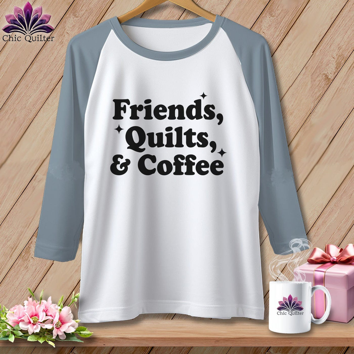 MyDesigns Physical Item XS / White/Denim Friends, Quilts & Coffee ~ Raglan Tee