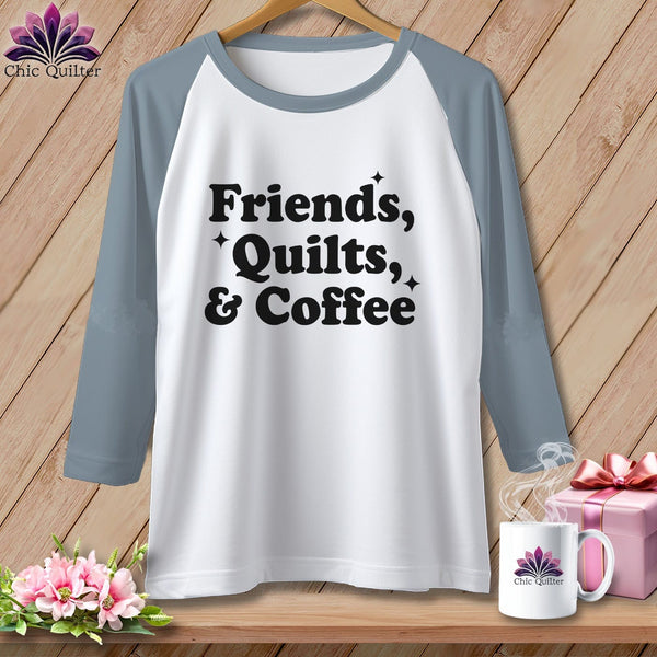 MyDesigns Physical Item XS / White/Denim Friends, Quilts & Coffee ~ Raglan Tee