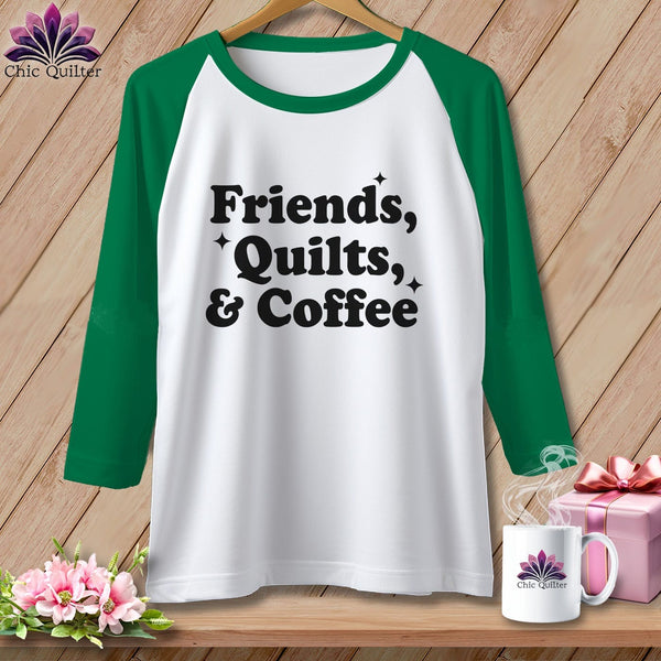 MyDesigns Physical Item XS / White/Kelly Friends, Quilts & Coffee ~ Raglan Tee