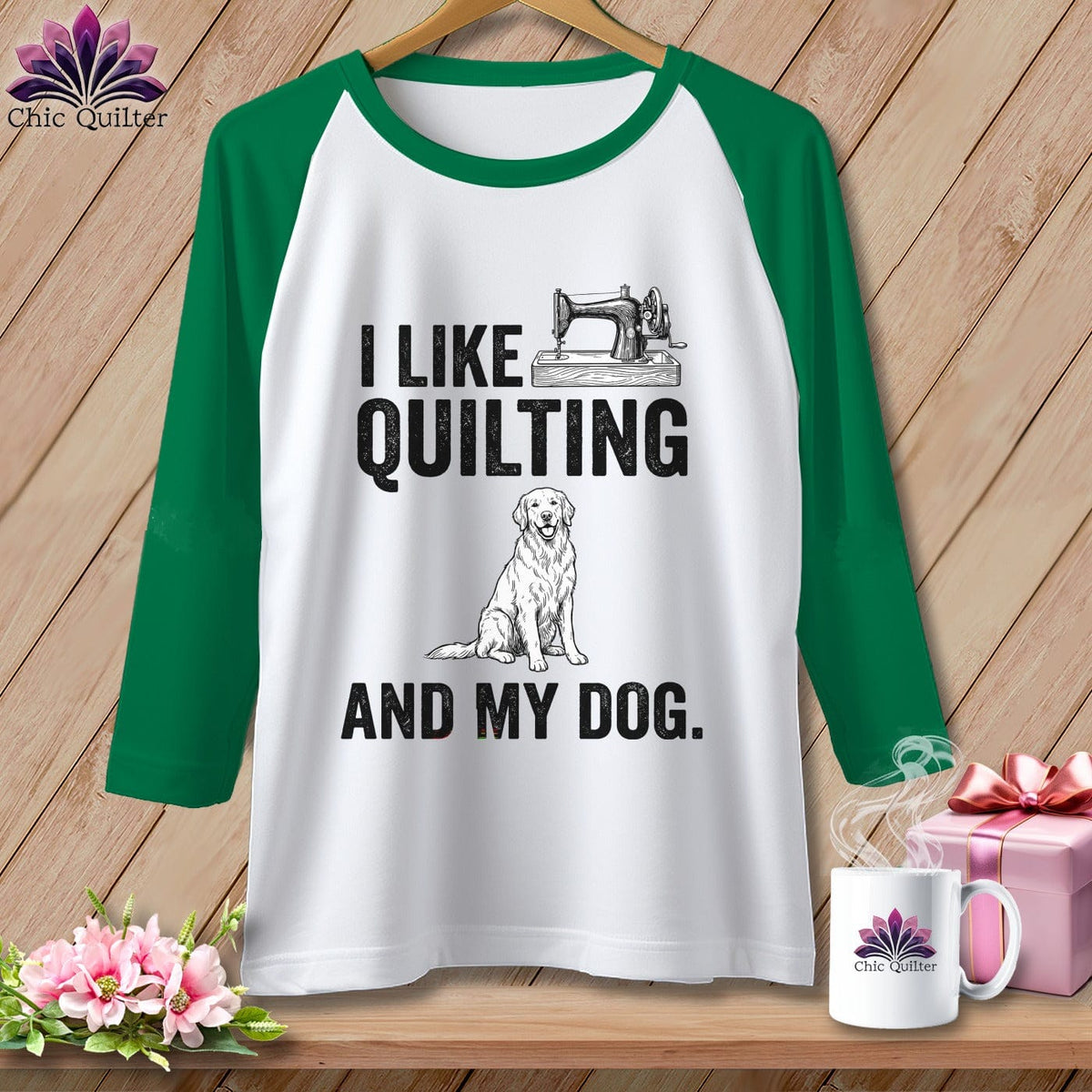 MyDesigns Physical Item XS / White/Kelly I Like Quilting and My Golden ~ Raglan Tee