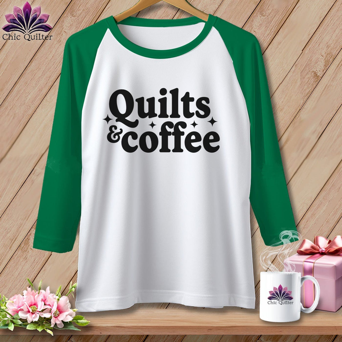 MyDesigns Physical Item XS / White/Kelly Quilts & Coffee ~ Raglan Tee