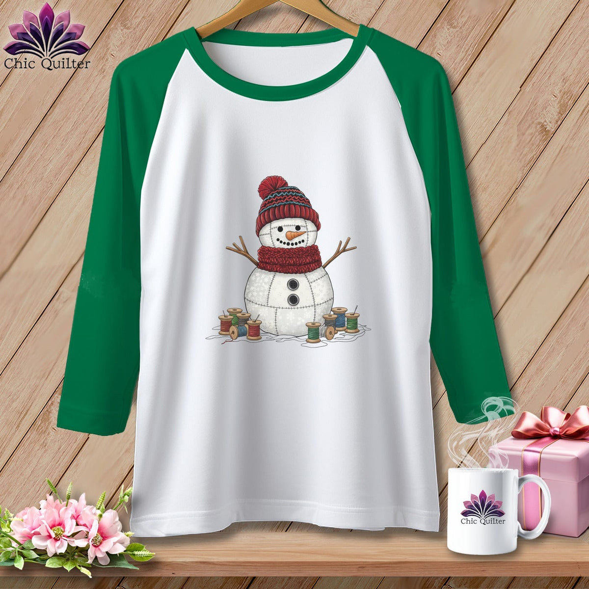 MyDesigns Physical Item XS / White/Kelly The Quilted Snowman ~ Raglan Tee