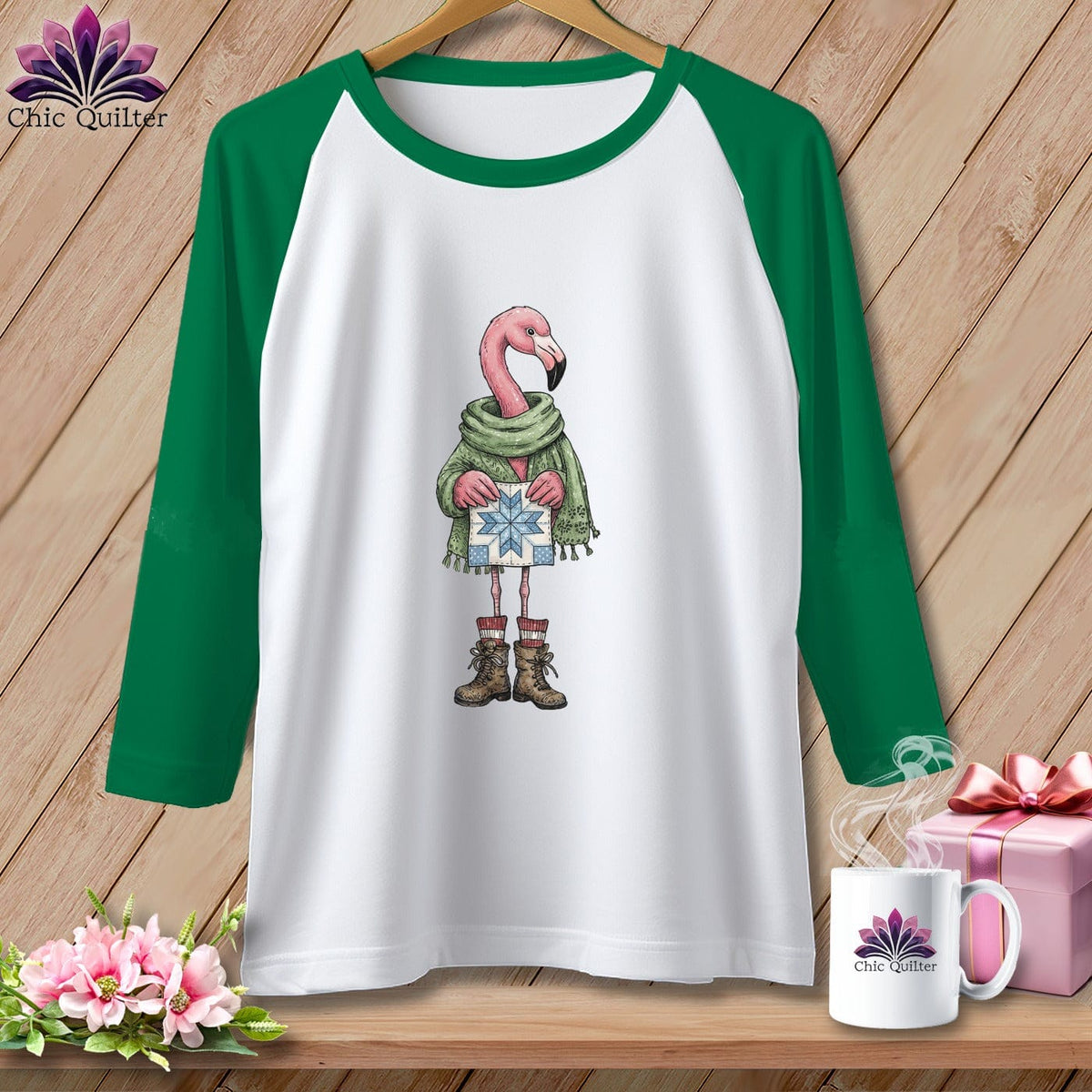 MyDesigns Physical Item XS / White/Kelly The Starry ~ Eyed Flamingo Quilter ~ Raglan Tee