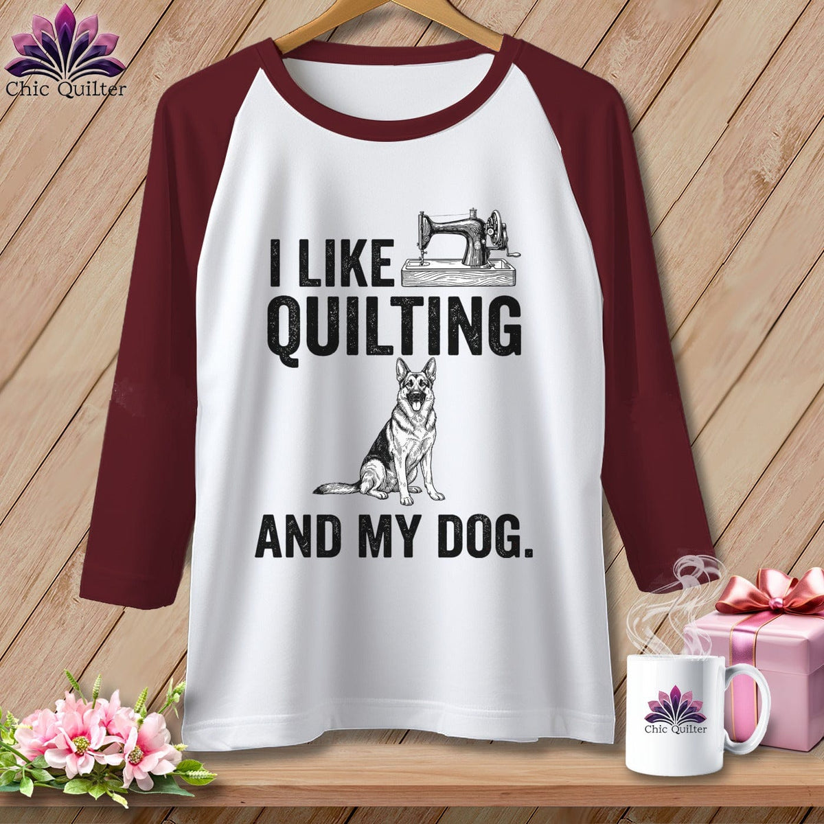 MyDesigns Physical Item XS / White/Maroon I Like Quilting and My German Shepard ~ Raglan Tee