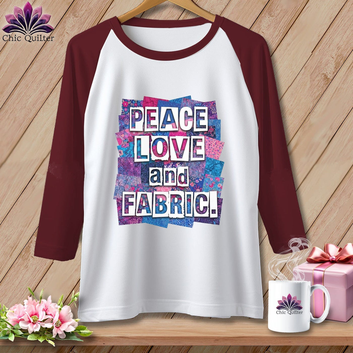 MyDesigns Physical Item XS / White/Maroon Peace Love and Fabric ~ Raglan Tee