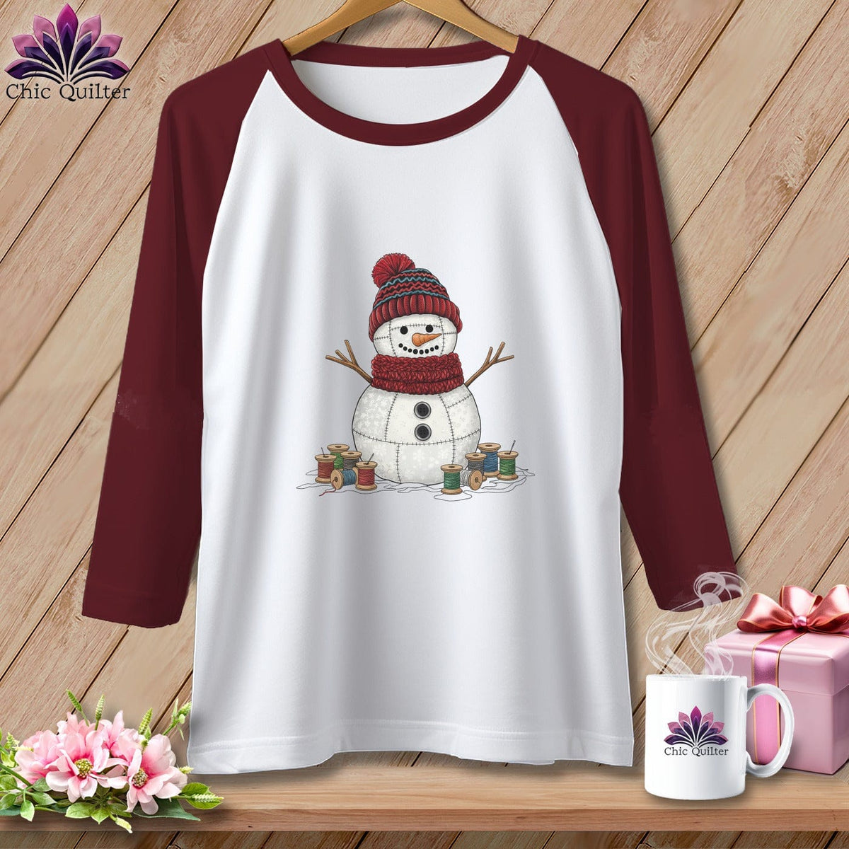 MyDesigns Physical Item XS / White/Maroon The Quilted Snowman ~ Raglan Tee