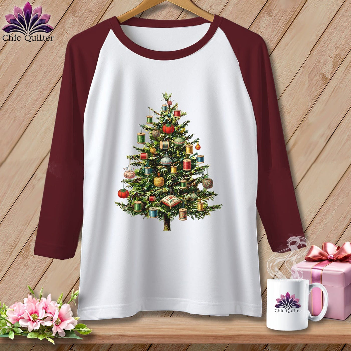 MyDesigns Physical Item XS / White/Maroon The Quilter’s Christmas Tree ~ Raglan Tee