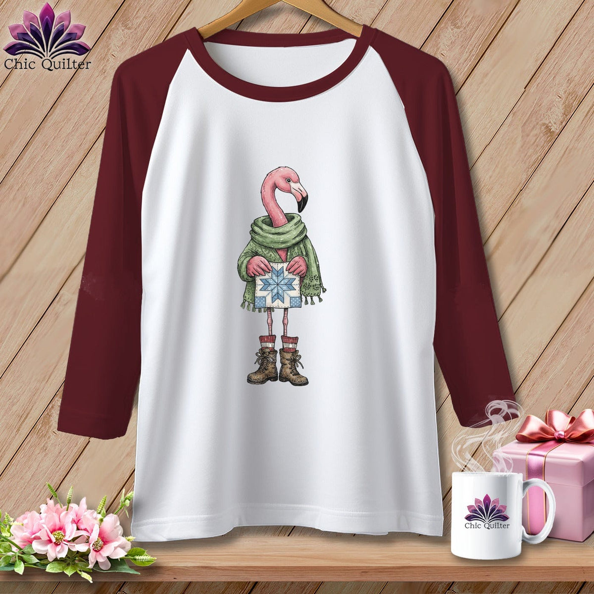 MyDesigns Physical Item XS / White/Maroon The Starry ~ Eyed Flamingo Quilter ~ Raglan Tee