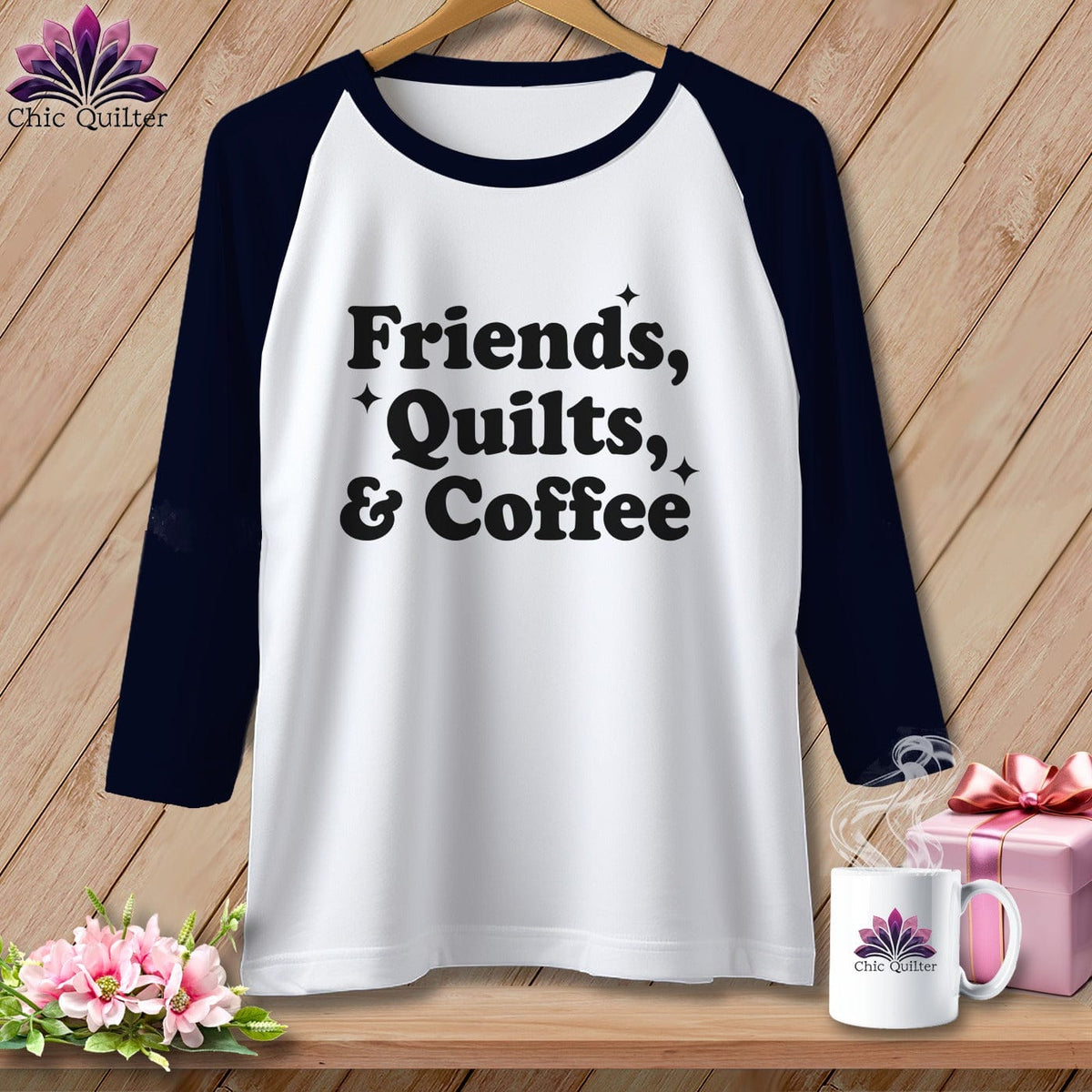 MyDesigns Physical Item XS / White/Navy Friends, Quilts & Coffee ~ Raglan Tee