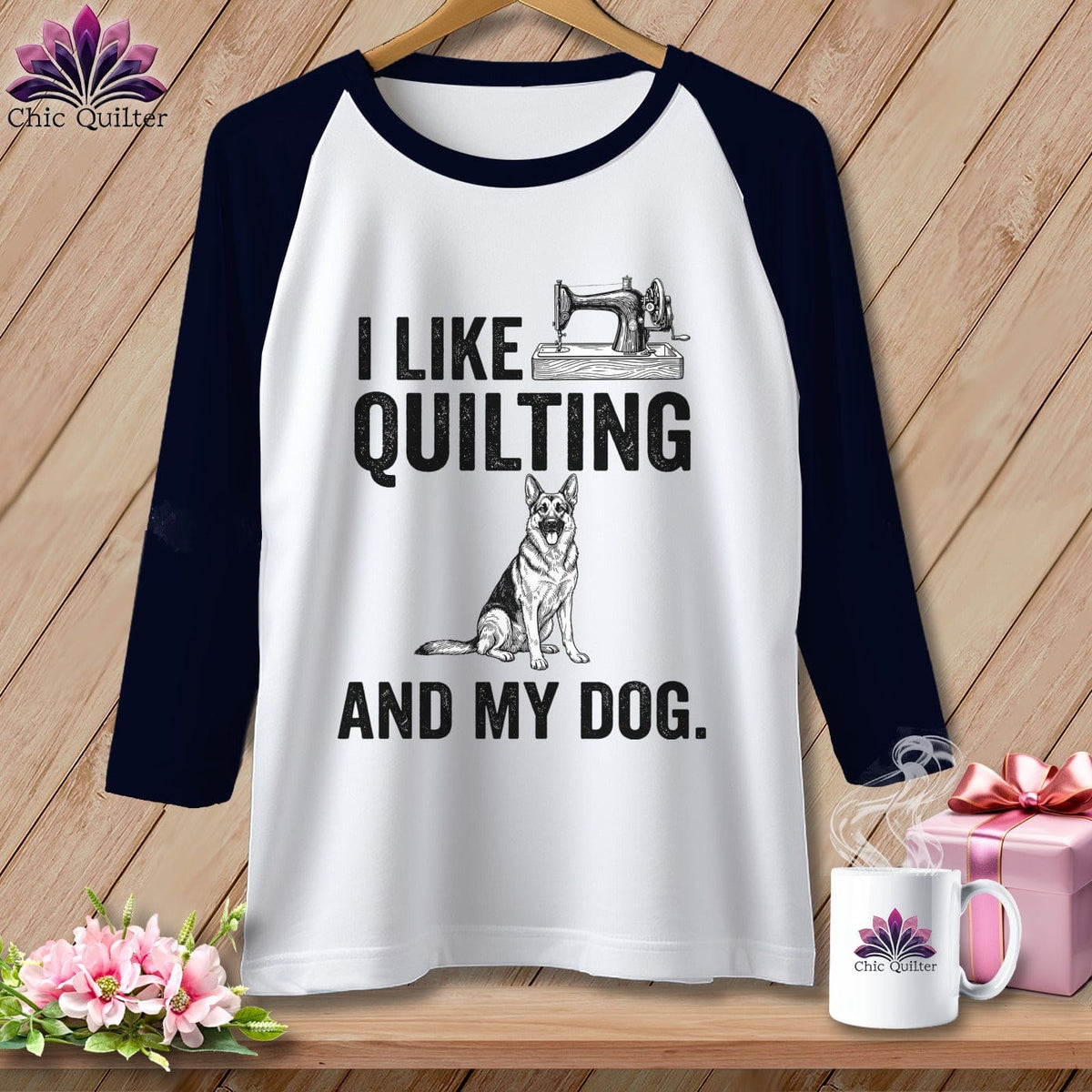 MyDesigns Physical Item XS / White/Navy I Like Quilting and My German Shepard ~ Raglan Tee