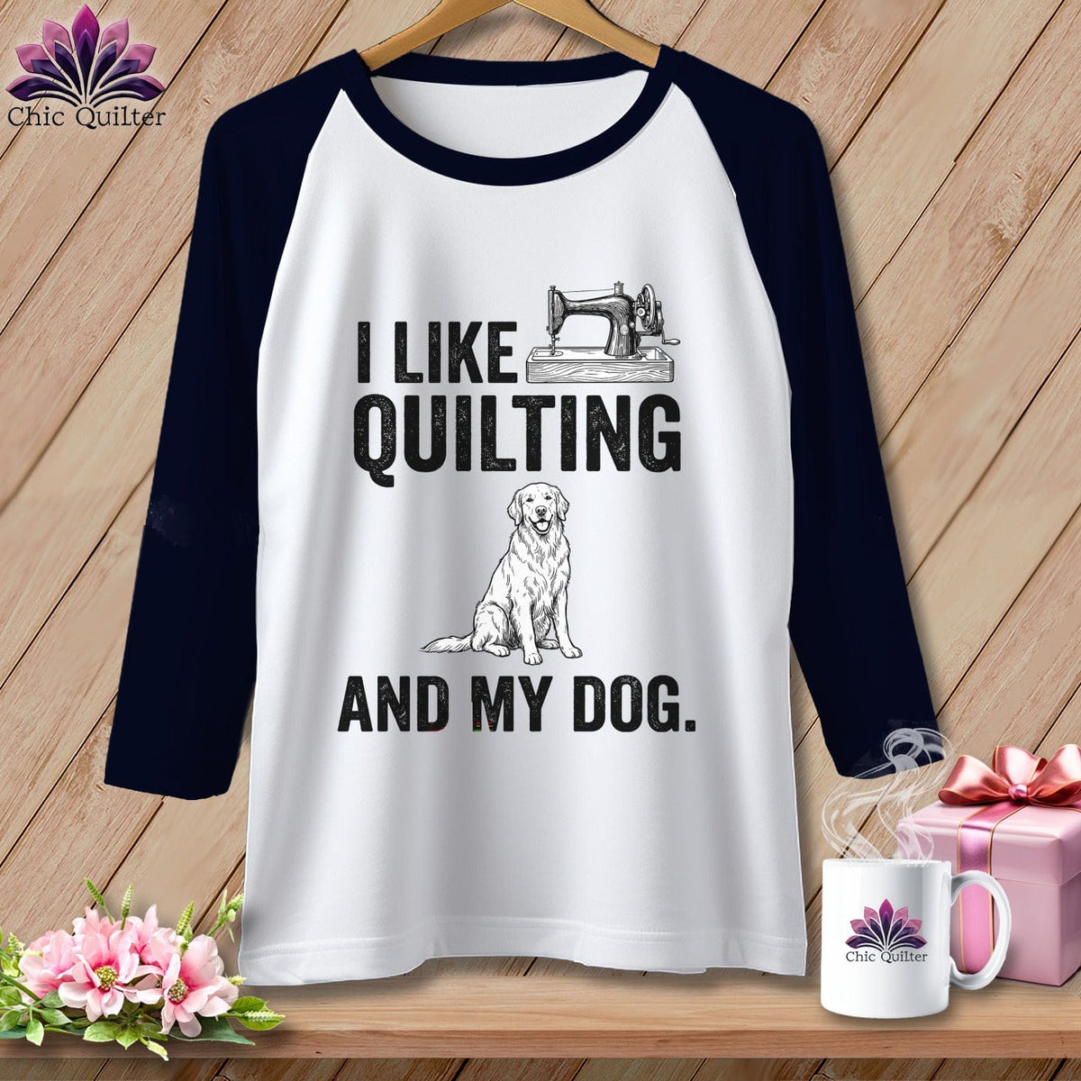 MyDesigns Physical Item XS / White/Navy I Like Quilting and My Golden ~ Raglan Tee